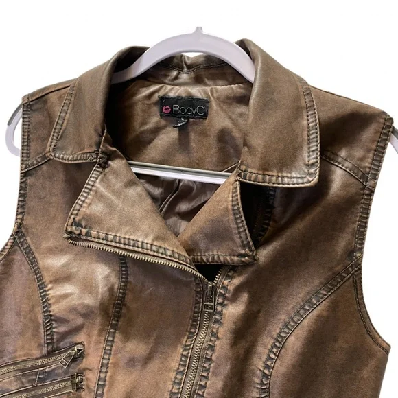 Body C Women's Brown Distressed Faux Leather Biker Moto Vest Jacket L - Picture 5 of 8